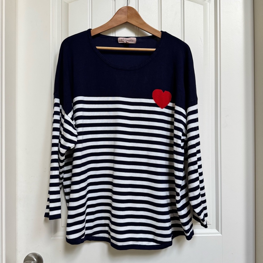 Philosophy Nautical Motif Preppy Heart Intarsia Stripe 3/4 Sleeve Sweater. 3X